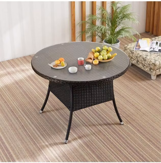 Living and Home Garden Round Rattan Table with Tempered Glass Top and Parasol Hole in Black