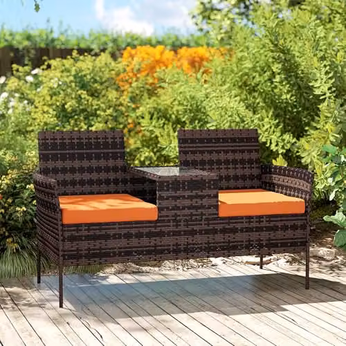 Outsunny Rattan Garden Set with 2 Seater Outdoor Sofa, Coffee Table and Cushions in Brown and Orange – 9