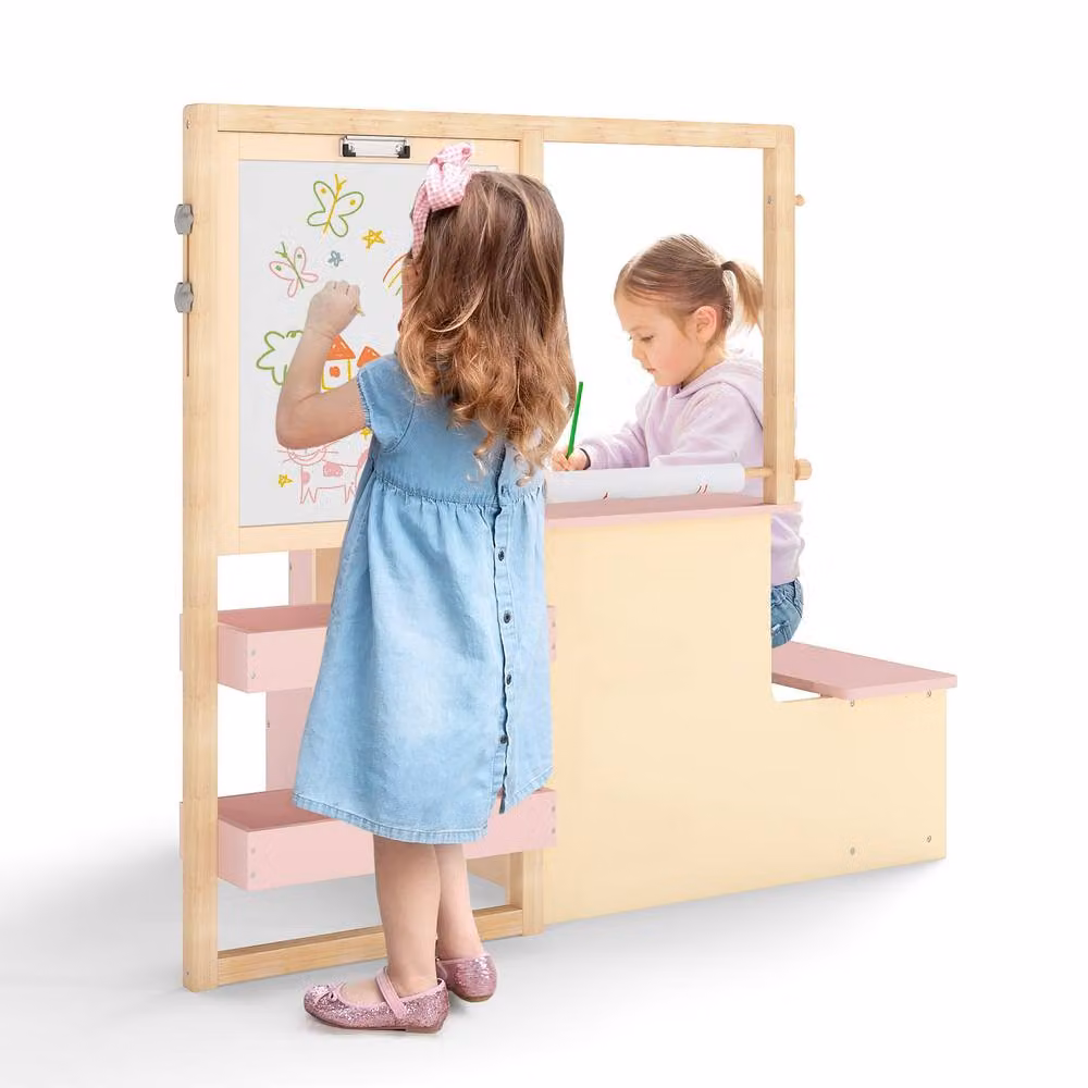 Costway Kids Art Easel, Table and Bench Set with Double-Sided Adjustable Easel in Pink – 2