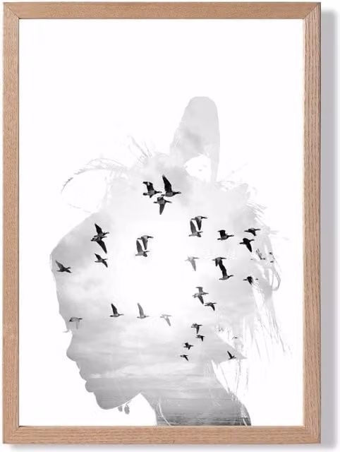 ARTZE Abstract and Seabirds Black and White Framed Photo Print with Oak Frame