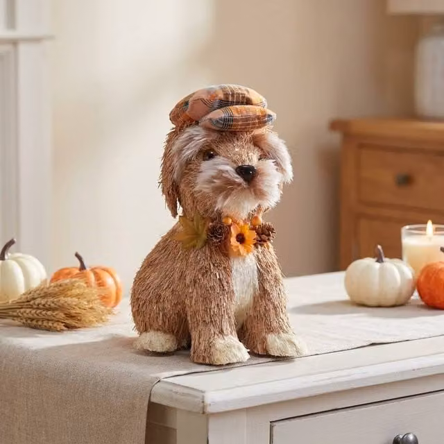 Garden Greatness Autumnal Harvest Rustic Plaid Puppy Ornament in Brown