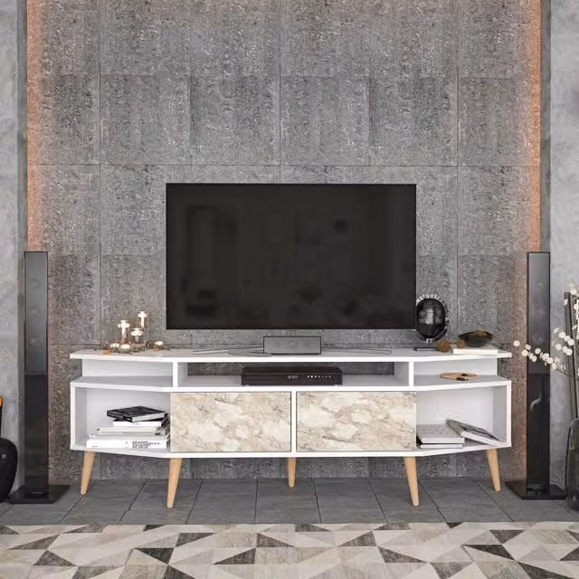 Decorotika Denis Modern TV Unit in White Marble Effect and White for TVs up to 81"