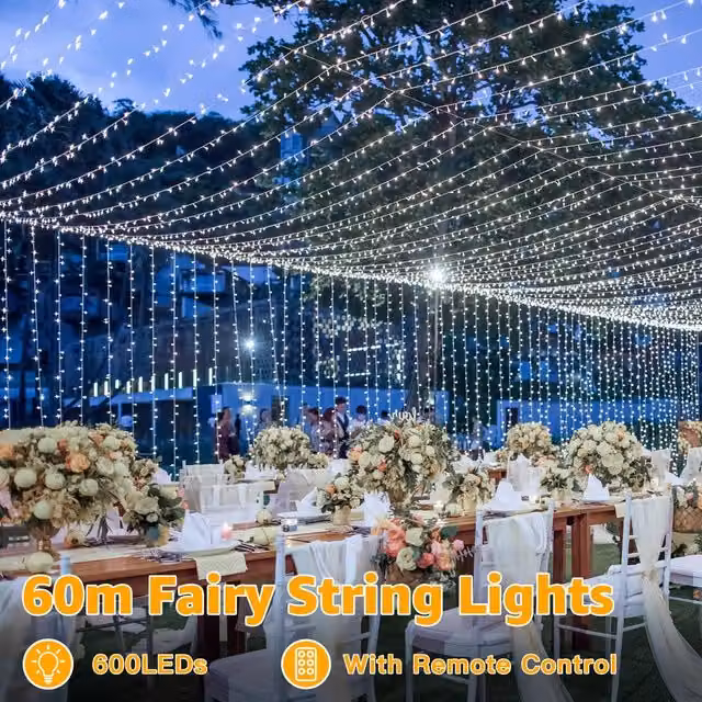 Ollny Cool White LED String Fairy Lights, 600 LED, 60m, IP44 Waterproof with Timer and 8 Modes – 1