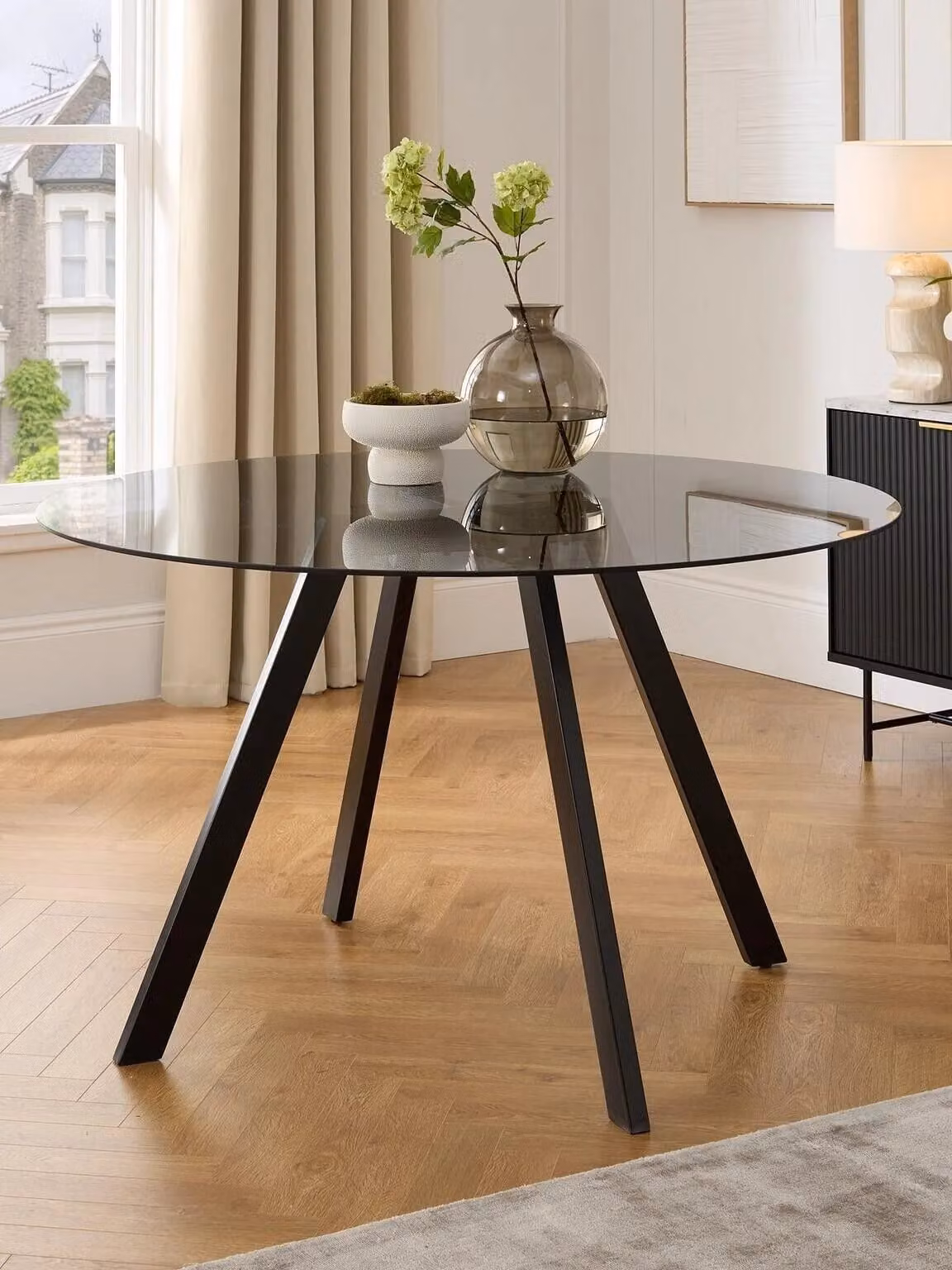 Very Home Marlow Round Dining Table with Black and Transparent Glass Top, Diameter: 130 cm, Height: 76 cm