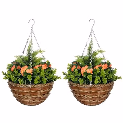 Outsunny Pack of 2 Orange Lisianthus Hanging Baskets with Realistic PE Rattan