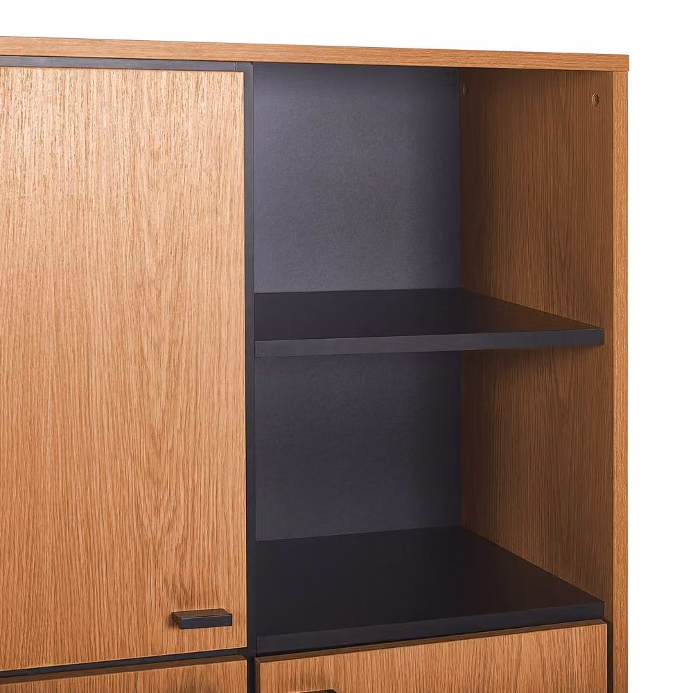 Wyld and Coco Oak-Finish Sideboard with 3 Cabinets and 2 Open Shelves in Brown and Black – 3