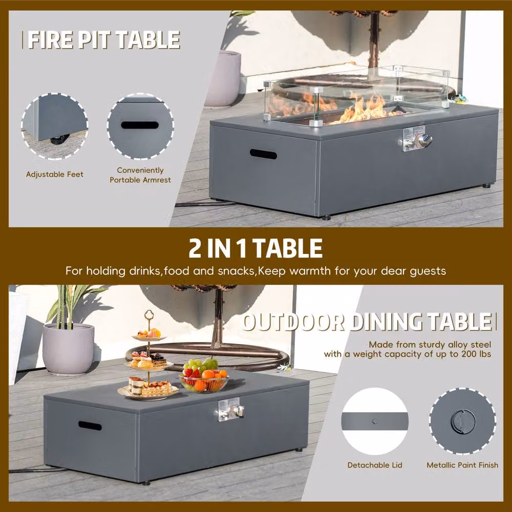 MIMO Outdoor Rectangular Gas Fire Pit Table with Multi-Use Side Table in Grey – 4
