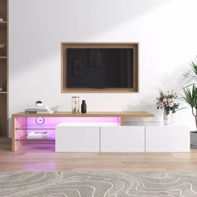 Matteo Modern High-Gloss White TV Cabinet with Integrated Lighting and Glass Shelves W/D/H: 192.5 x 42.0 x 39.0 cm