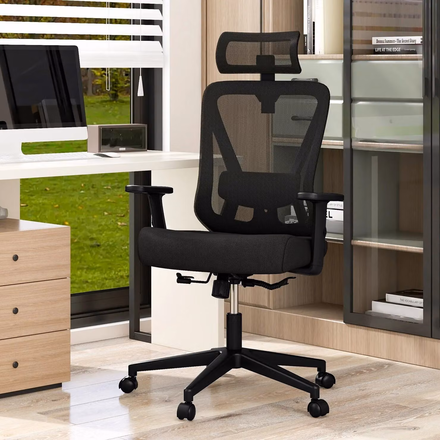 Gymax Ergonomic Mesh Office Chair in Black with Headrest, Armrests and Swivel Function – 7