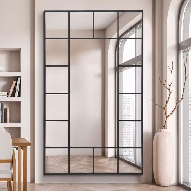 MirrorOutlet Modern Rectangular Metal Window Leaner Wall Mirror in Black, Height: 200 cm