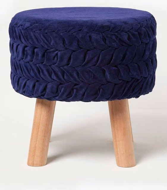 Homescapes Lyla Pleated Velvet Footstool in Blue