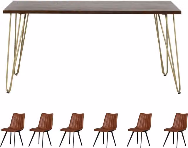 IH Design Dallas Dark Mango Wood Rectangular 6 Seater Dining Table Set with 6 Chairs in Brown and Gold