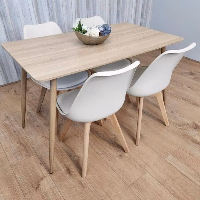KOSY KOALA Wood Dining Table Set with 4 White Faux Leather Chairs in Cream, W: 120 cm, D: 70 cm, H: 75 cm