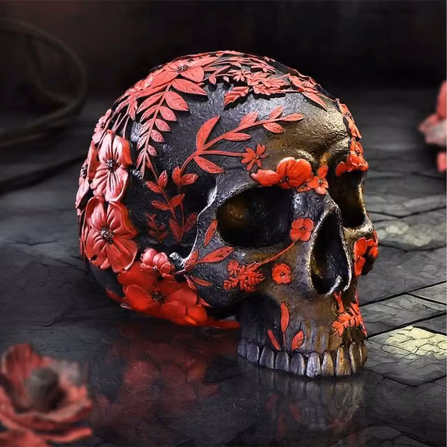 Nemesis Now Age of Opium Poppy Skull in Black, Red and Multicolour, Height: 18.5 cm
