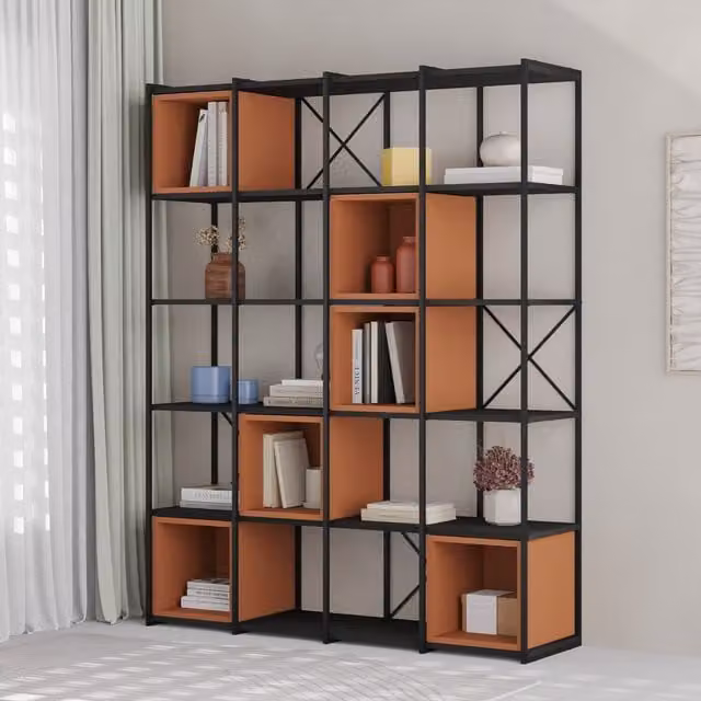 Decortie Vale Maxi Modern 5-Tier Bookcase with Adjustable Shelves in Black and Orange Wood
