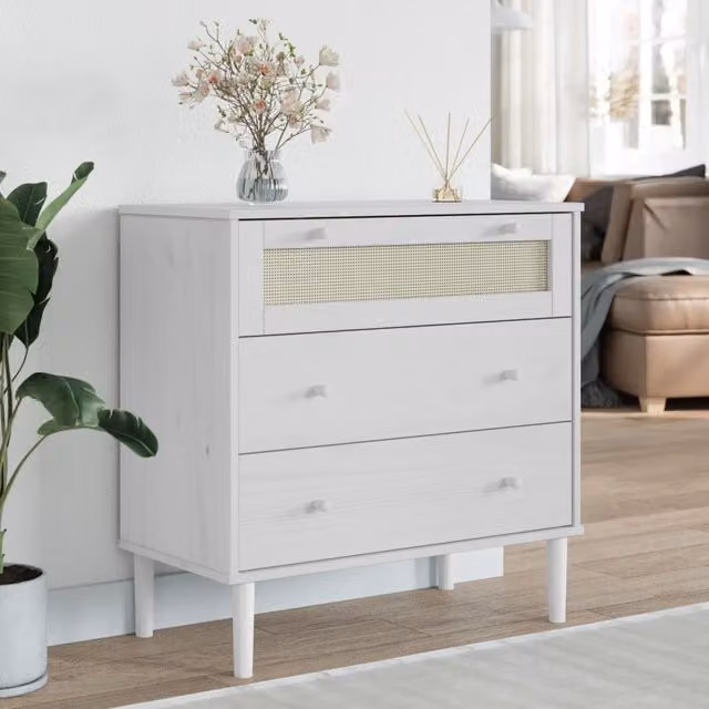 Berkfield Home SENJA Drawer Cabinet in White Rattan Look, Solid Pine Wood, W/D/H: 80 x 40 x 80 cm