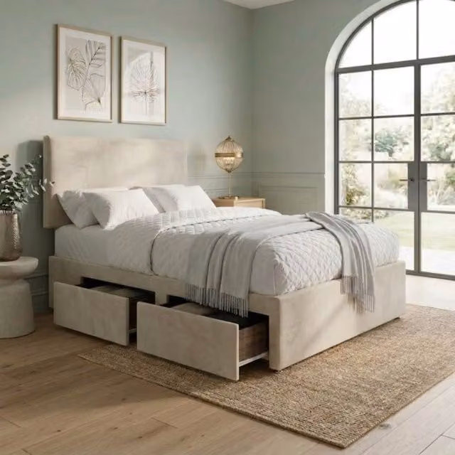 Bed Time UK Beige Suede Divan Bed with 2 Drawers, 20" Plain Headboard and Hybrid Memory Mattress, Size: Small Double (W/D/H: 120 x 200 cm)