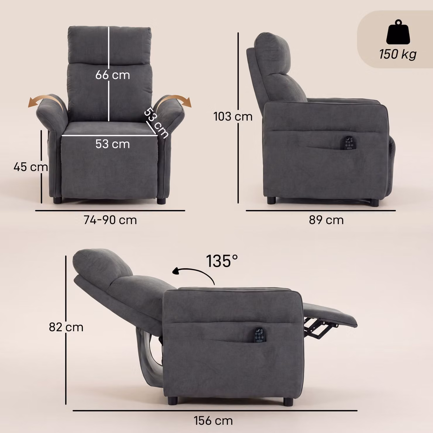 HOMCOM Dark Grey Fabric Recliner Armchair with Massage, Heat and Adjustable Armrests – 3