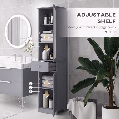 Kleankin Grey Freestanding Bathroom and Home Office Storage Cabinet with Hinged Doors, Internal Shelves and Drawers, H: 171.5 cm, W: 27.0 cm, D: 27.0 cm – 4