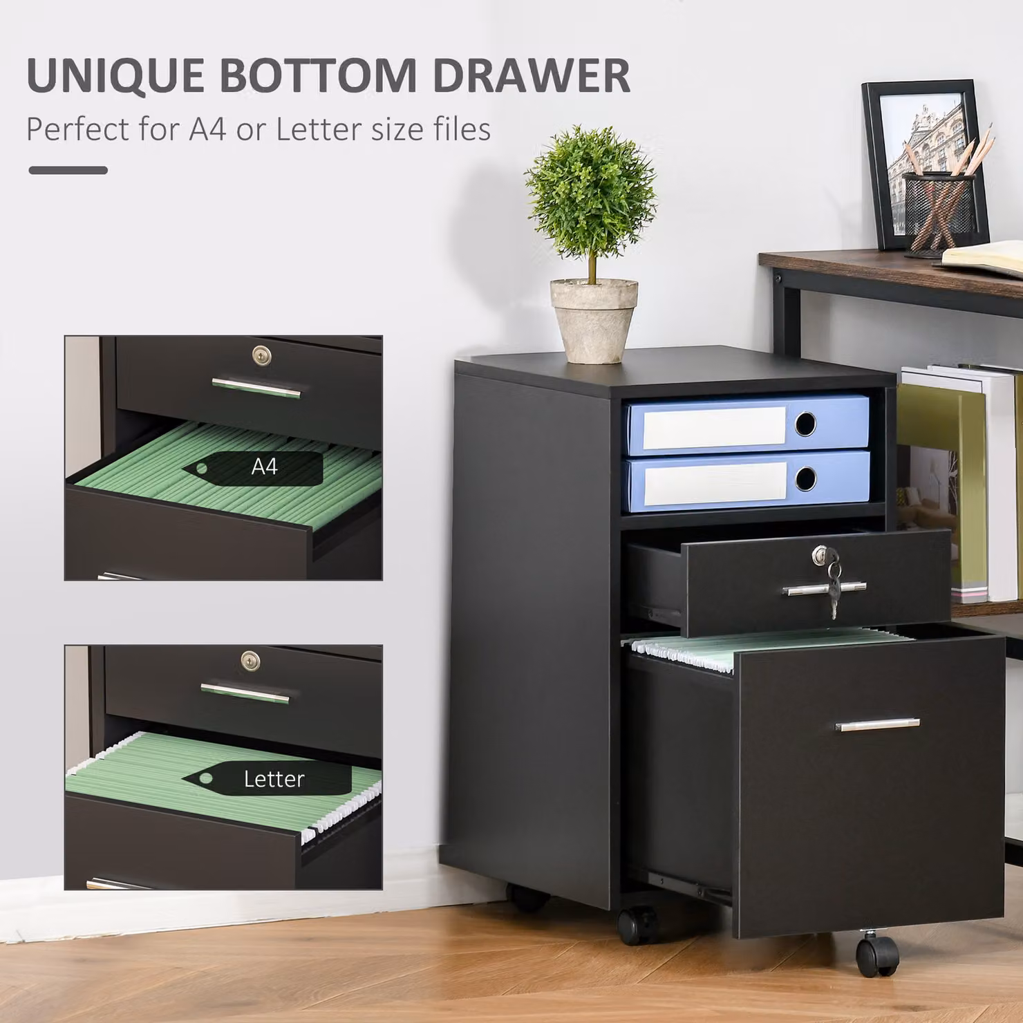Aosom Vinsetto Black Mobile Lockable File Cabinet with 2 Drawers, H 65 x W 39 x D 40 cm – 5