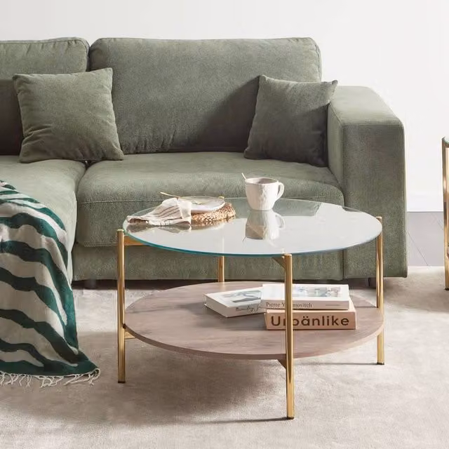 Wyld and Coco Round Gold Glass Coffee Table with Dark Wood Shelf, Diameter: 80 cm