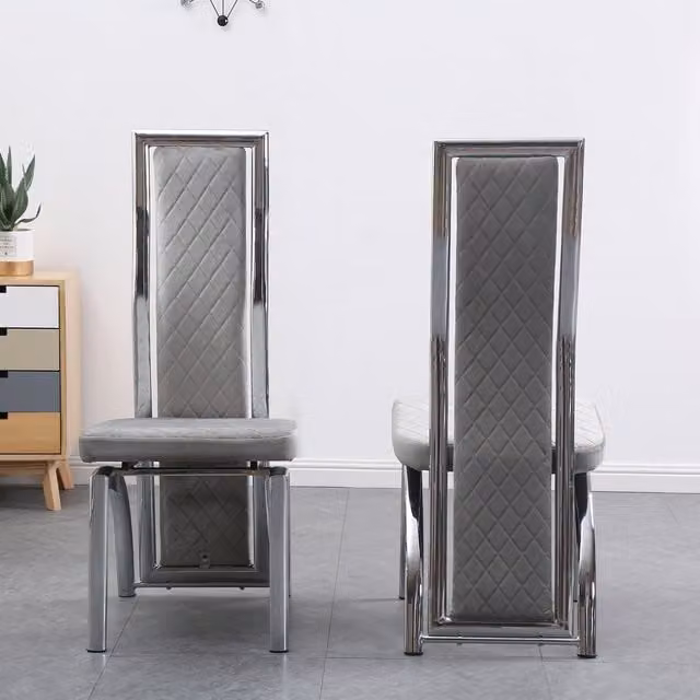 Modernique Set of 4 Veronica Grey Velvet Dining Chairs with Black Metal Legs