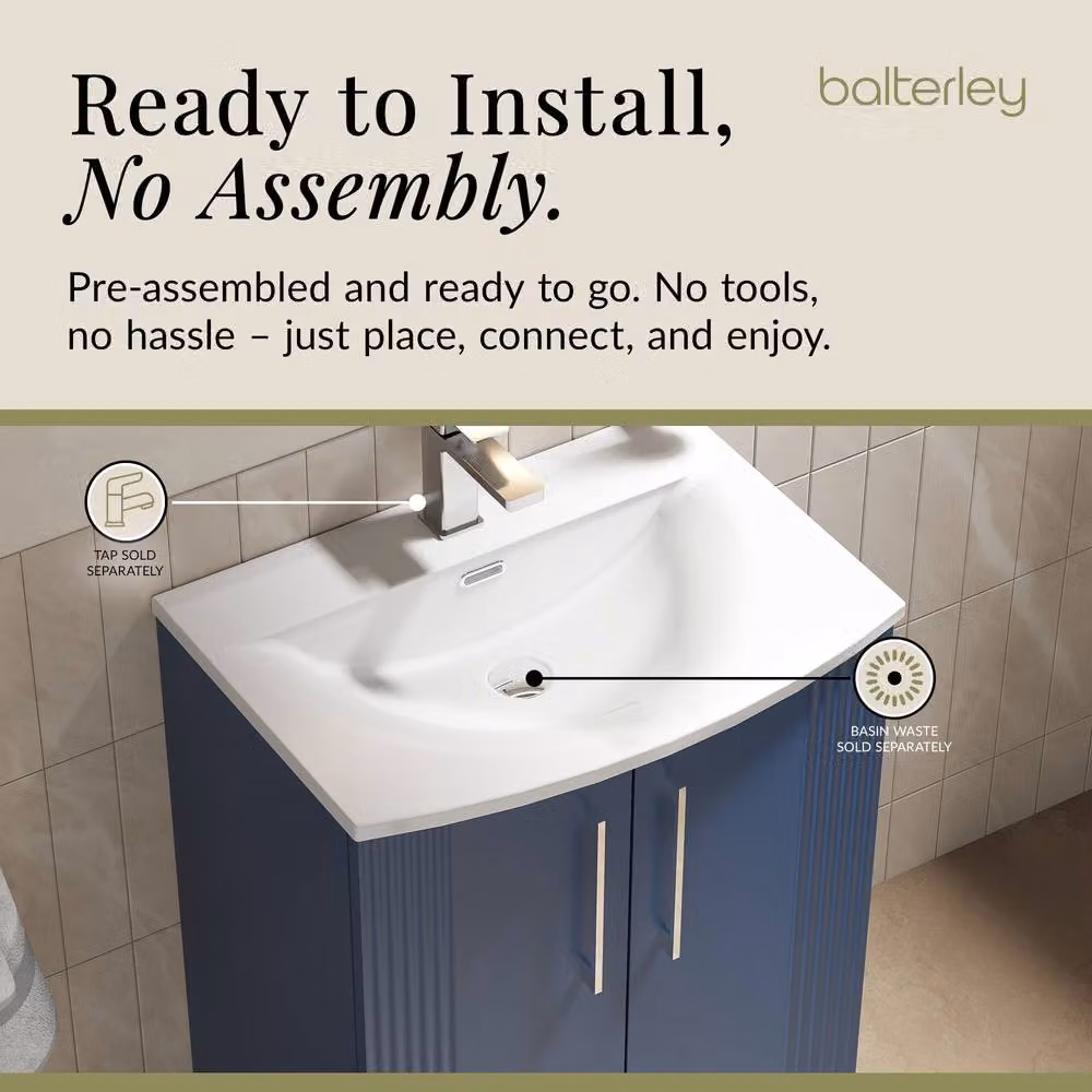 Balterley Floor Standing 2 Door Vanity Unit with Curved Basin in Satin Blue, Width: 60 cm – 4
