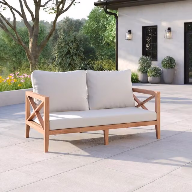 Eterna Modern Untreated Teak Wood Outdoor Garden Bench in Brown and Beige, H: 74.1 cm