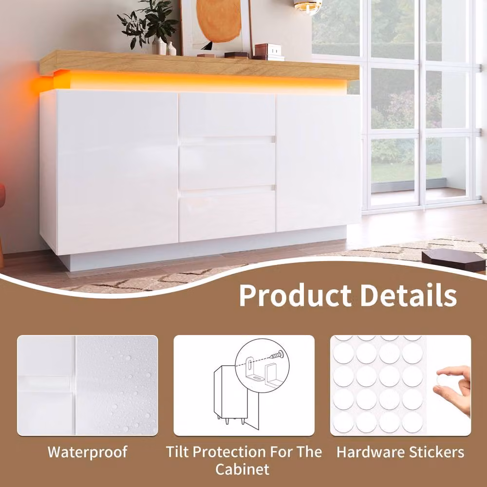 Rolipo White High Gloss Modern Sideboard with Integrated LED Lighting – 3