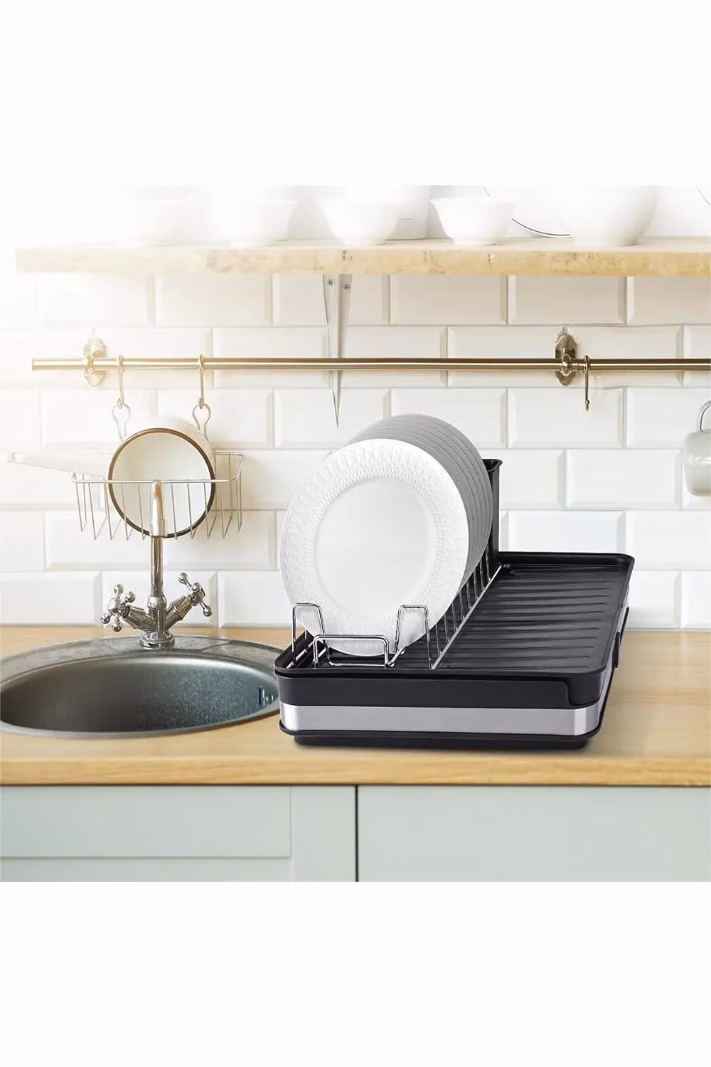 Livingandhome 2-Layer Expandable Dish Drainer Rack with Cutlery Holder, Black – 2