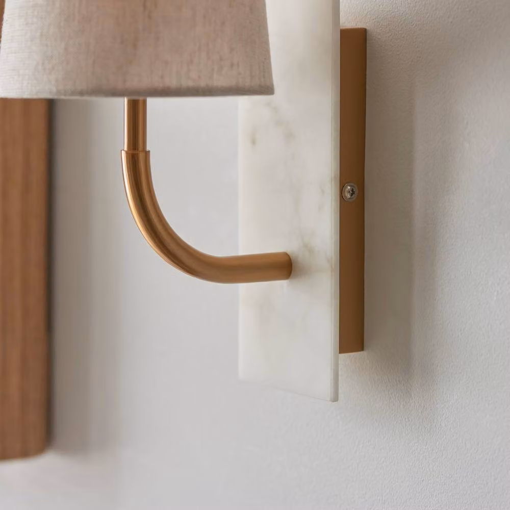 Netlighting Calista Wall Lamp in Vintage Brass Finish with White Marble and Linen Shade, 7W LED E14 – 3
