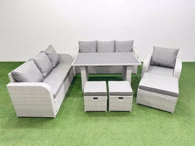 Fimous 10-Seater Patio Rectangular Table and Sofa Set with 3 Stools in Light Grey