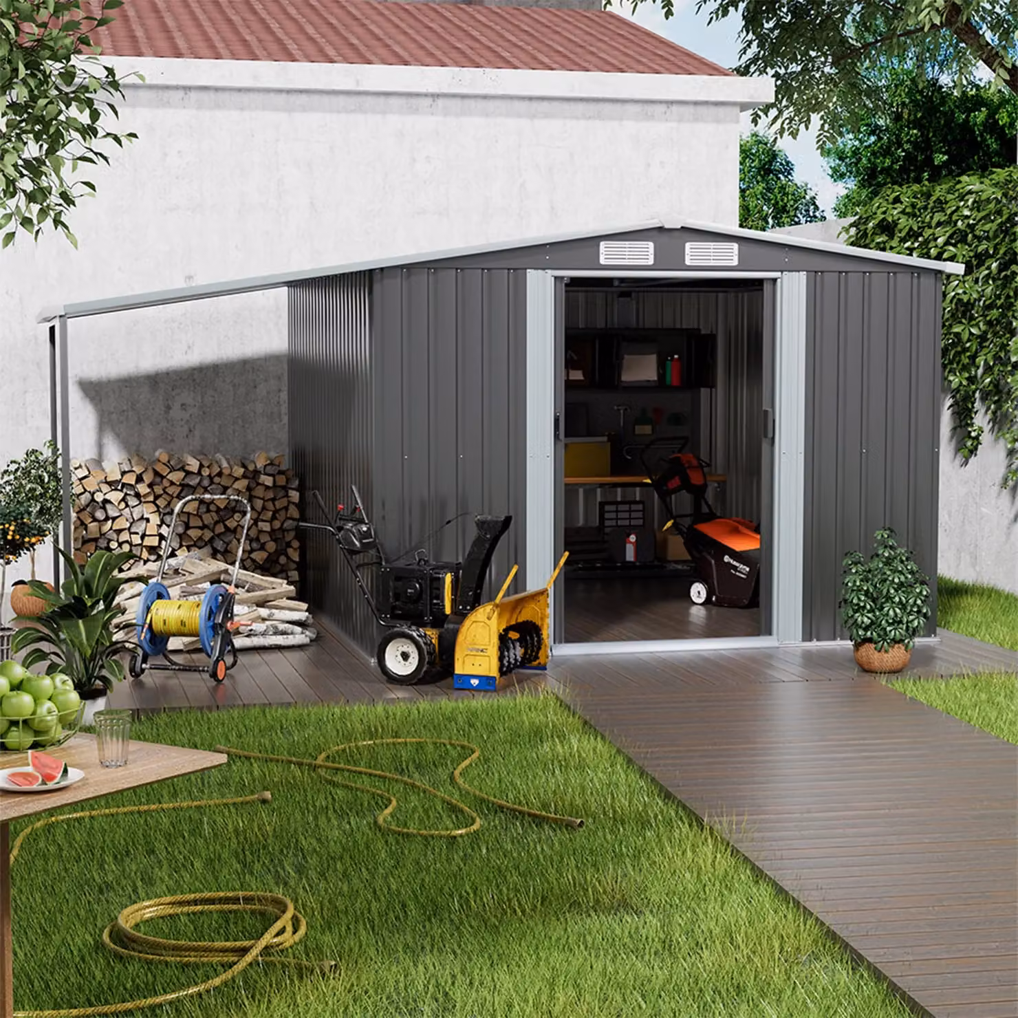 Living and Home Metal Garden Storage Shed with Apex Roof and Double Doors in Dark Grey, W: 304.8 cm, D: 243.84 cm, H: 183.0 cm – 2