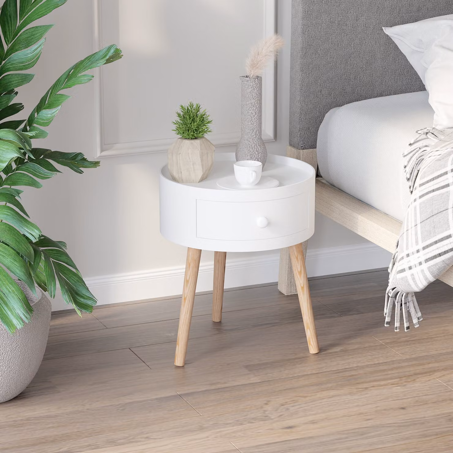 HOMCOM Set of 2 Modern Round Side Tables with Drawer and Wood Legs, White – 3