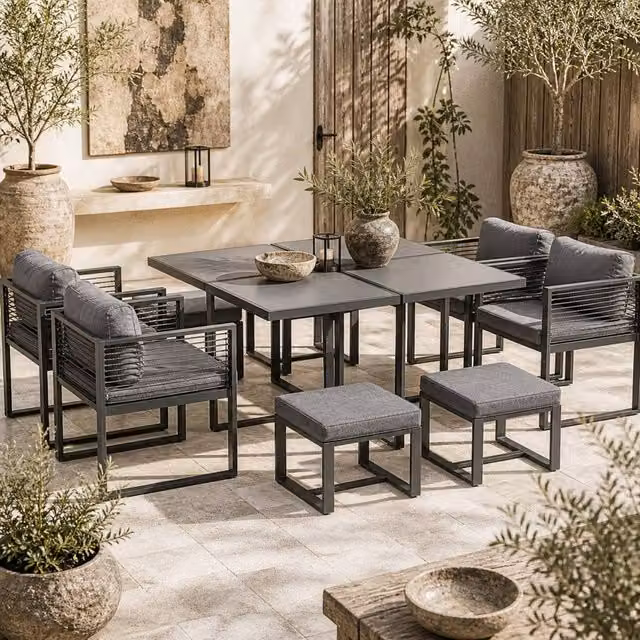 Wyld Haus Sekalu 9 Piece Grey Rope and Powder Coated Aluminium Outdoor Dining Set with Glass Top – 1