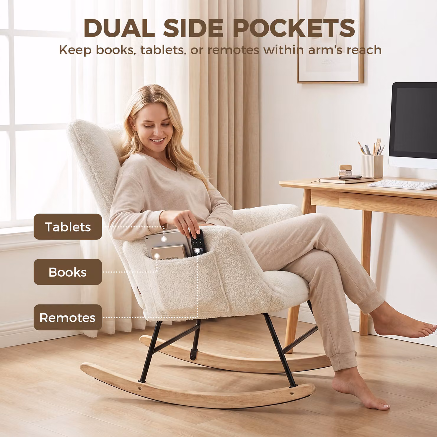 HOMCOM Cream White Teddy Fleece Rocking Chair with Tufted Wingback and Side Pockets – 4