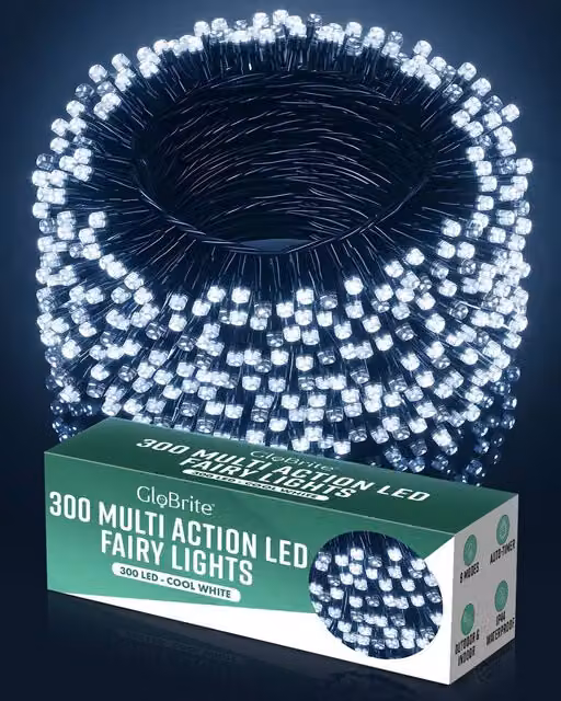 Globrite Cool White LED Fairy String Lights with Remote Control and Timer, 300 LED, 30m