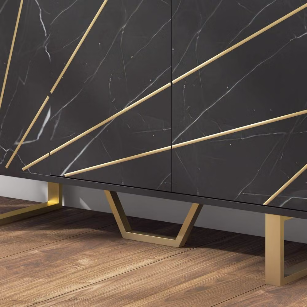 Wyld Haus Suno Modern 3-Door Sideboard in Black Marble Effect with Gold Metal Legs – 7