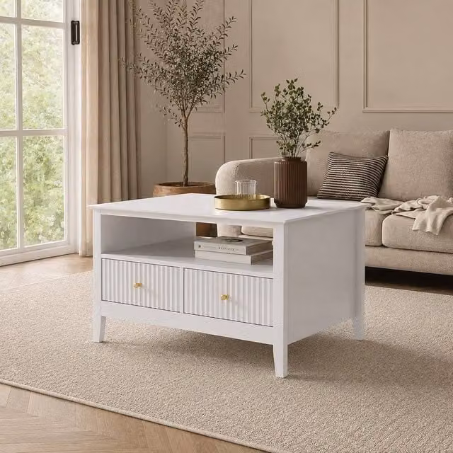 Melody Maison Fluted Four Drawer One Shelf Coffee Table in White, Gold and Black