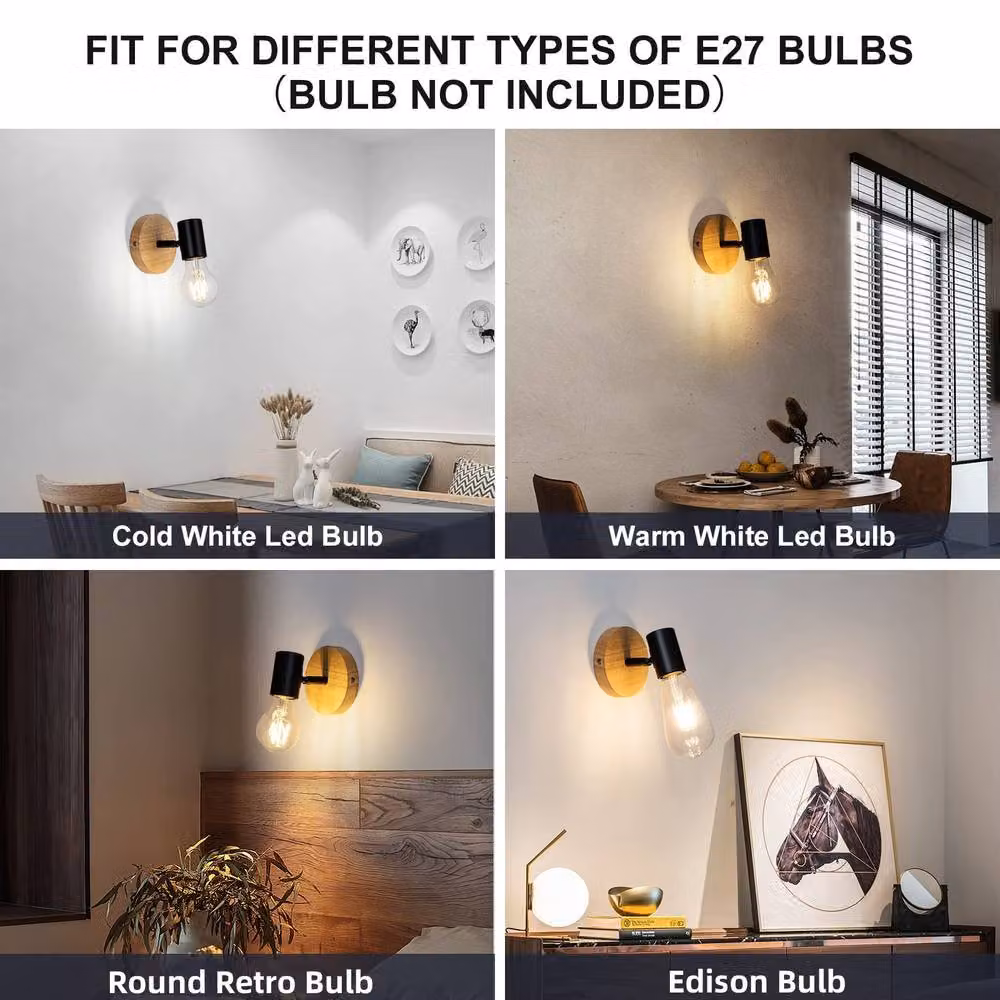 COMELY 2 Pack Vintage Wood and Metal Indoor Wall Lights in Black with E27 Socket – 4