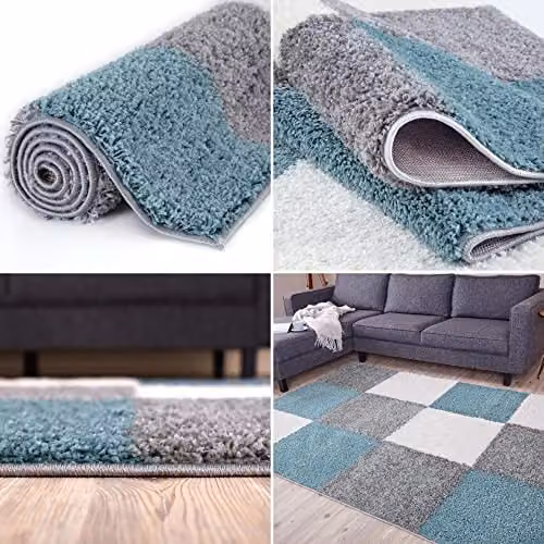 THE RUGS Modern Checked Shaggy Area Rug in Blue and Grey, W/D/H: 200 x 290 x 3 cm – 4