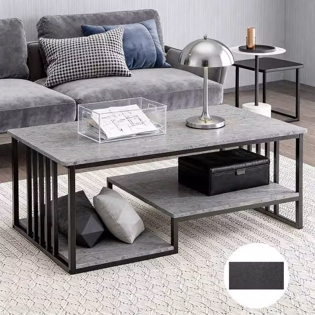Ventryn 3-Tier Faux Marble Coffee Table with Metal Frame and Open Storage in Grey and Black, W: 120 cm, D: 60 cm