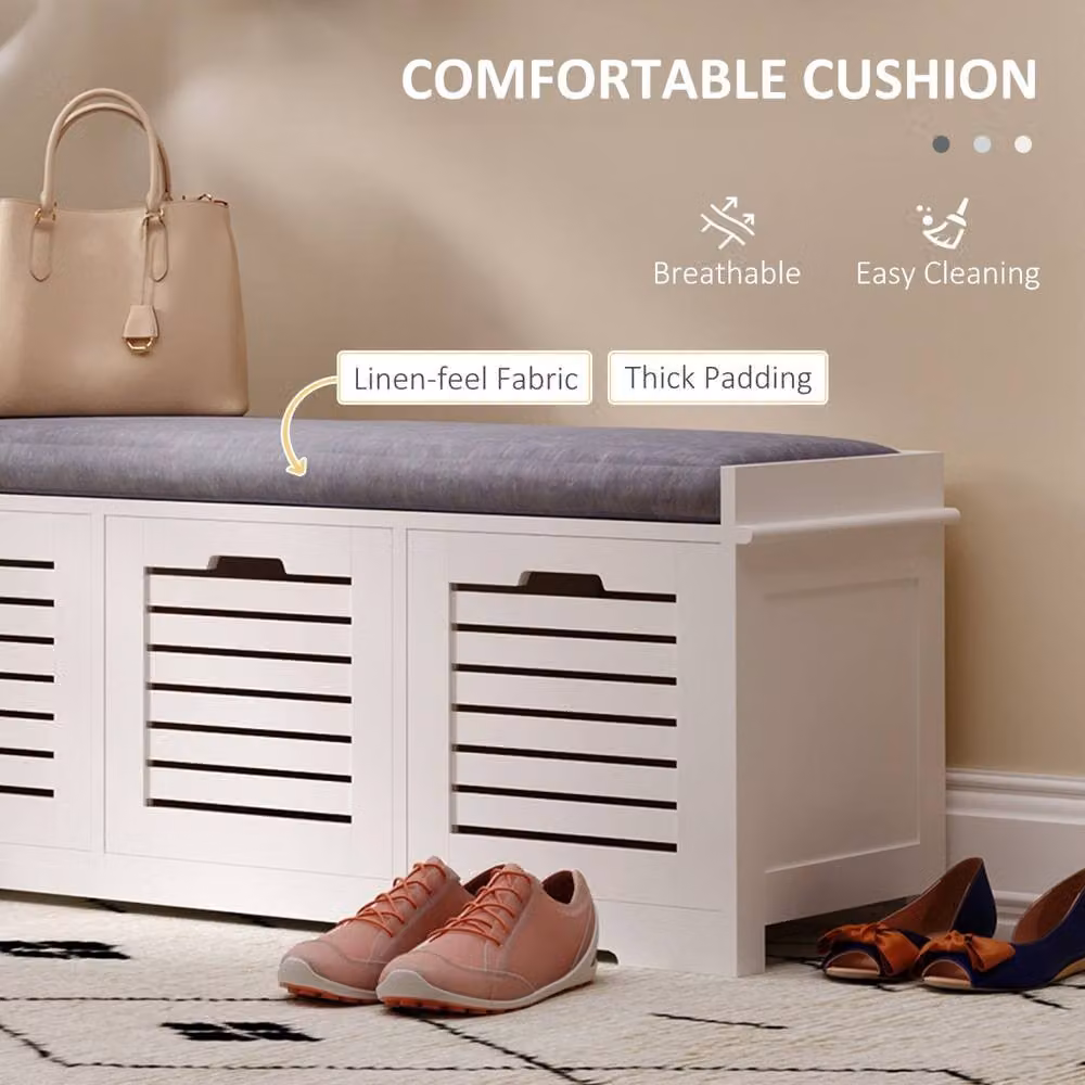 Wyld Haus Vesava White 3 Drawer Slatted Shoe Bench with Grey Padded Seat, W/D/H: 108 x 35 x 43 cm – 4