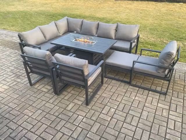 Fimous 10 Seater Grey Powder Coated Aluminium Outdoor Garden Furniture Set with Corner Sofa, Gas Fire Pit Dining Table, 3 Chairs and Big Footstool