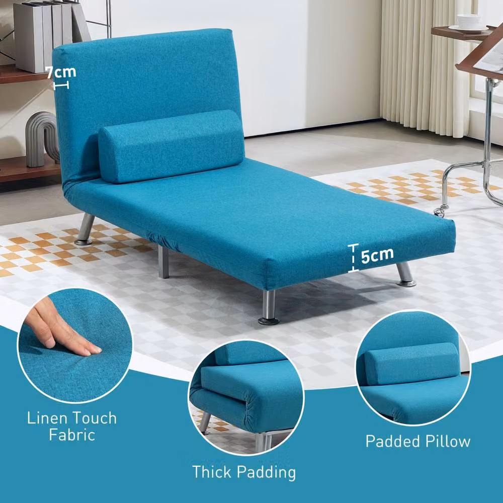STILVORA 3-in-1 Blue Fabric Chair Bed with Five-Position Back and Metal Frame – 7