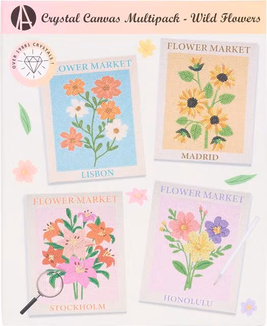 Art Stusio Pack of 4 Multicolour Wild Flower Crystal Textile Canvases