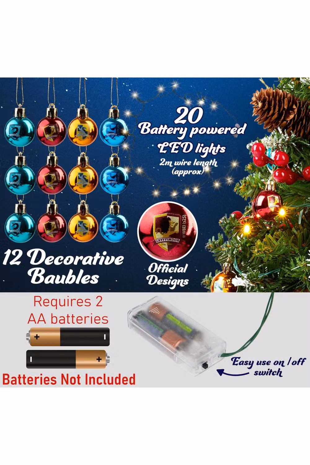 Harry Potter Pre-lit Mini Artificial Tabletop Christmas Tree with 12 Baubles and LED White String Lights, Green and Multicolour – 3