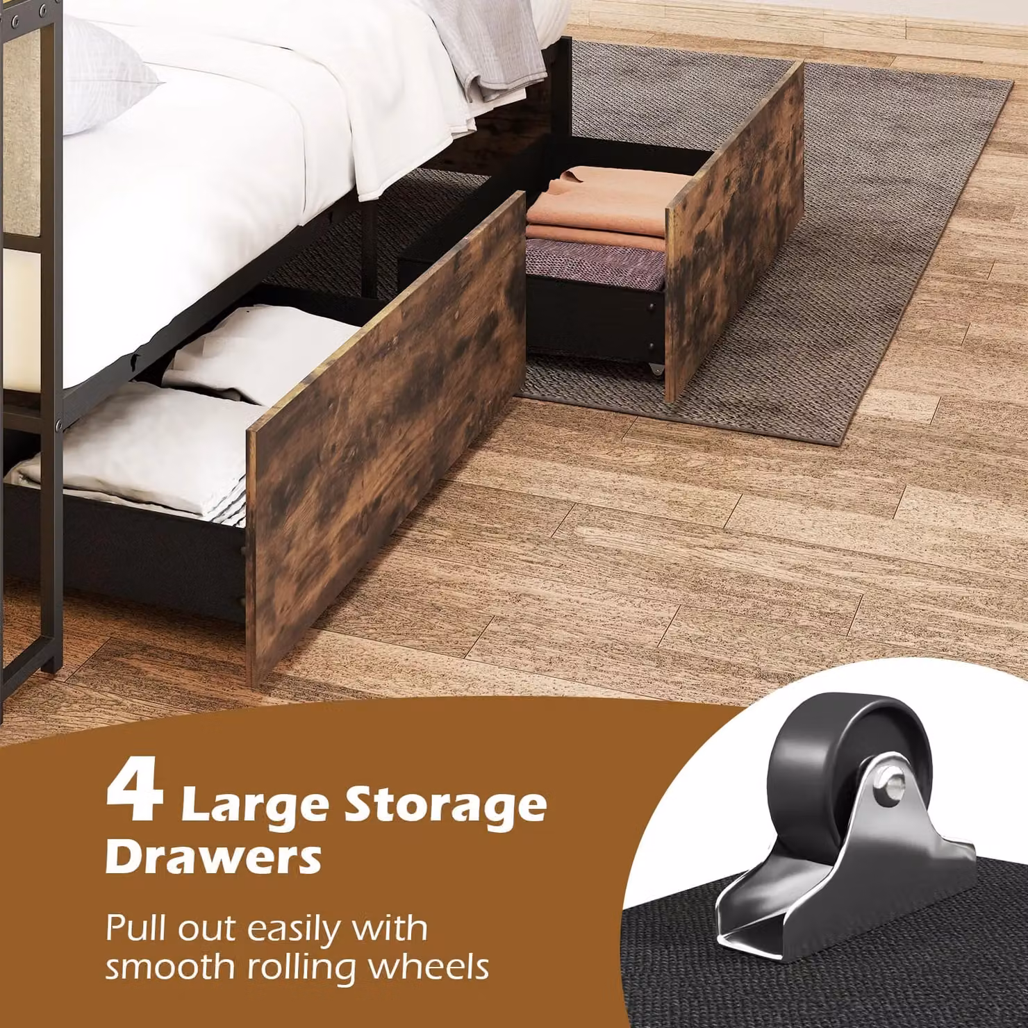 Costway King Size Platform Bed in Brown with LED Lights, USB Charging Ports, Bedside Shelves and Storage Drawers, 180x200 cm – 6