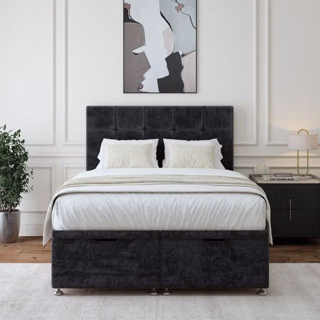 Bedmaster Luxury Velvet Ottoman Divan Base and Square Headboard in Black, Single – 1