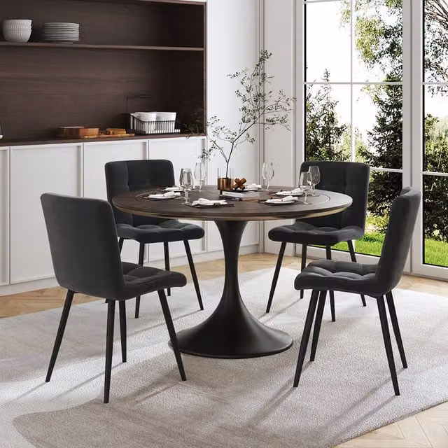 Komore Set of 4 Modern Grey Velvet Dining Chairs with Black Metal Legs
